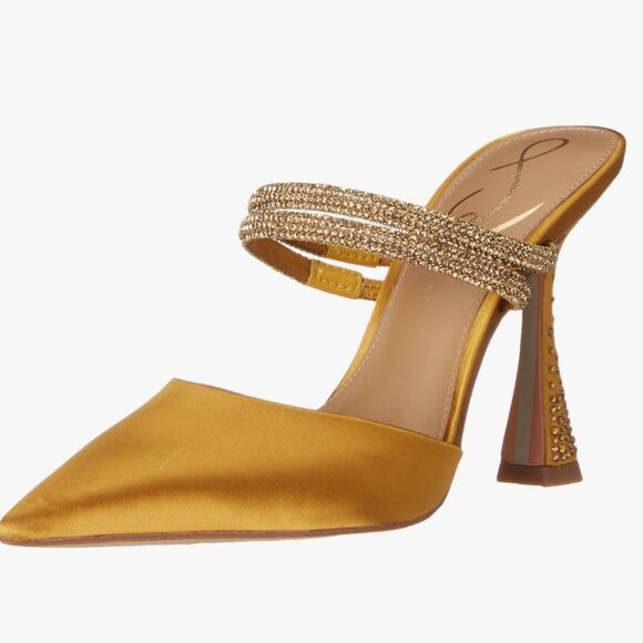 Sam Edelman Agustina Rhinestone Embellished Satin Mules in Golden Yellow 6 - Picture 2 of 11